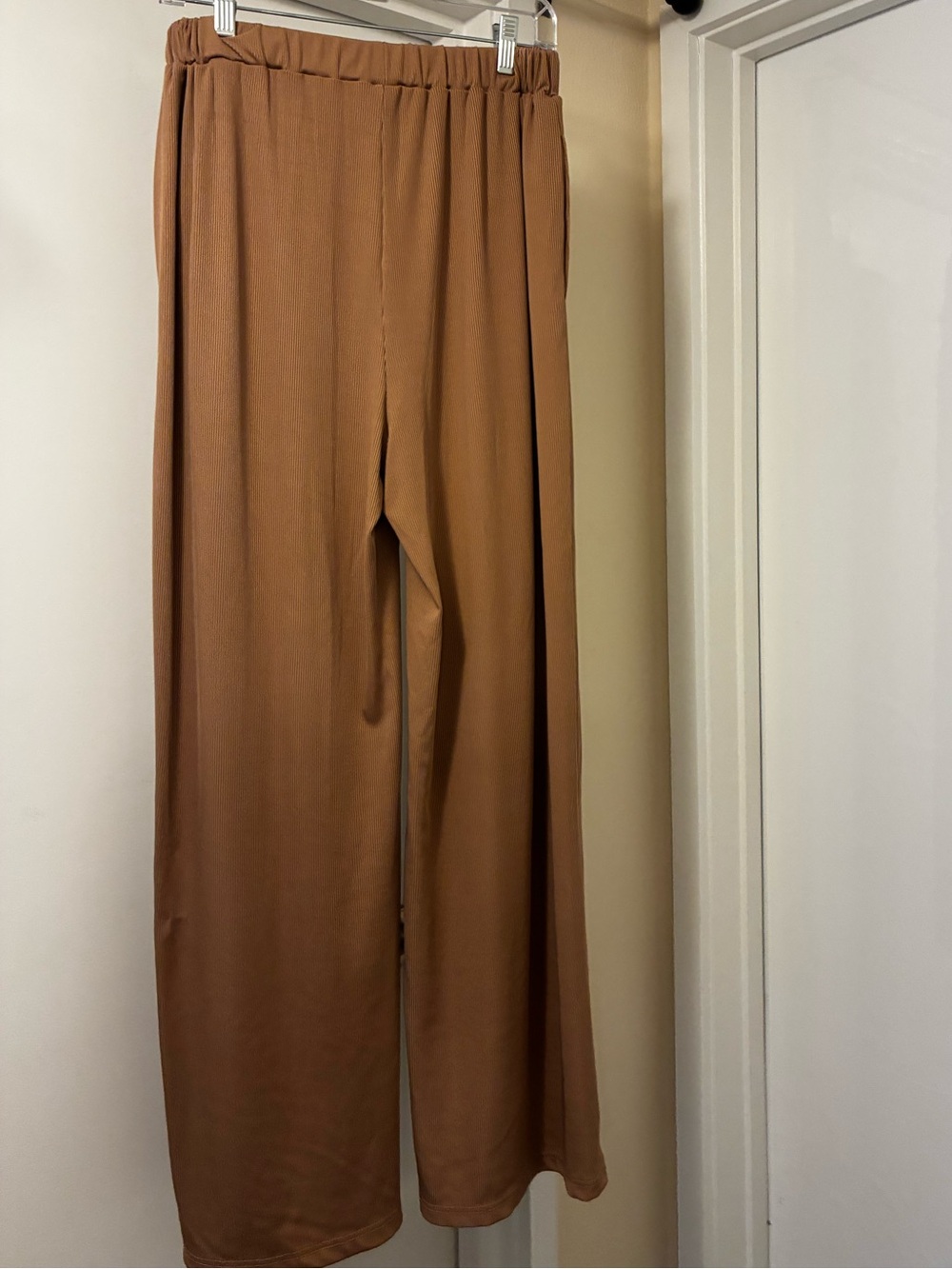 Stretchy Comfy Light Brown Tan Wide Leg Flowy Pants with Elastic Waistband